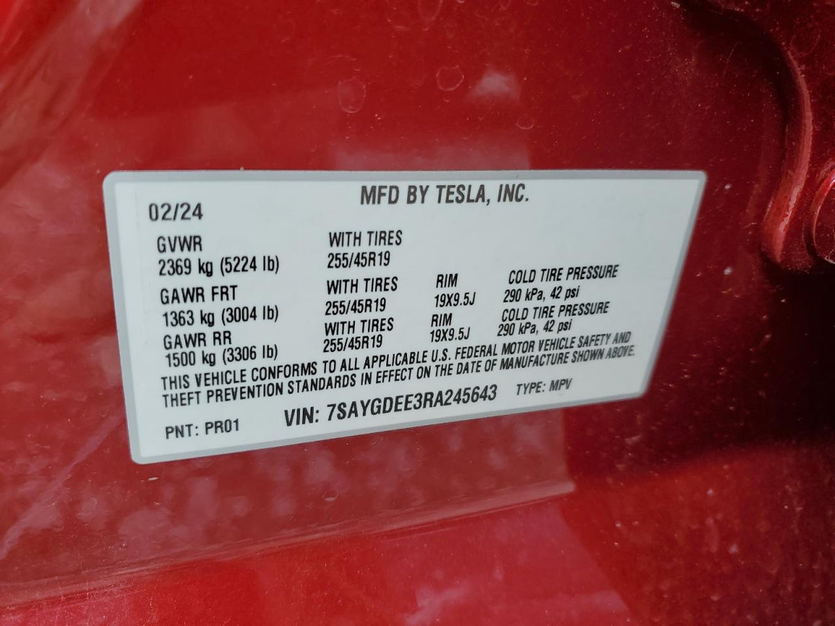 2024 TESLA MODEL Y VIN:WP0AA2A8XNS255297