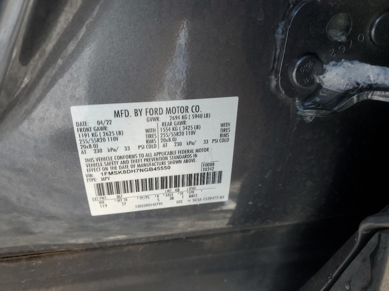 2022 FORD EXPLORER XLT VIN:1FMSK8DH7NGB45550