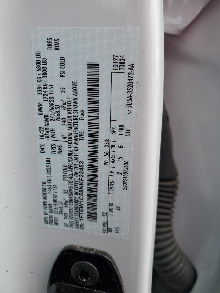 2022 FORD F150 SUPERCREW VIN:1FTEW1C58NKF22453
