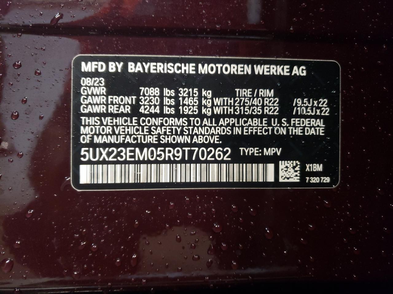 2024 BMW X7 XDRIVE40I VIN:5UX23EM05R9T70262