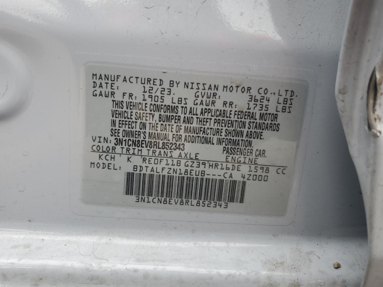 2024 NISSAN VERSA SV VIN:3N1CN8EV8RL852343