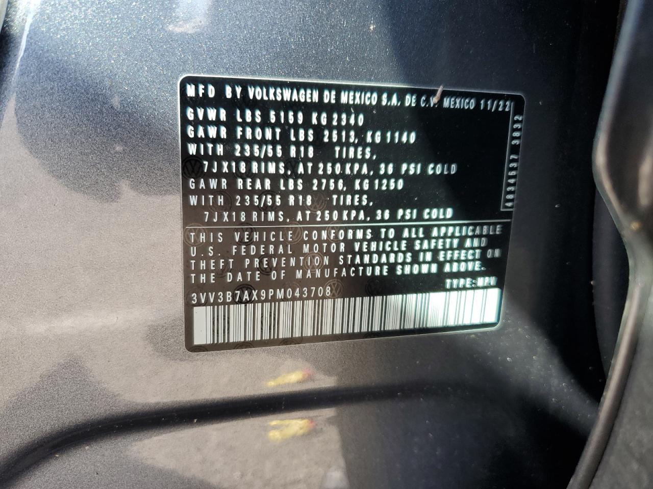 2023 VOLKSWAGEN TIGUAN SE VIN:3VV3B7AX9PM043708