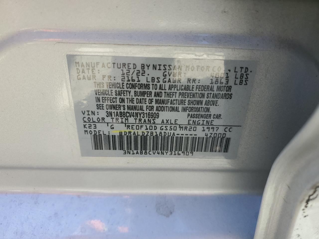 2022 NISSAN SENTRA SV VIN:3N1AB8CV4NY316909