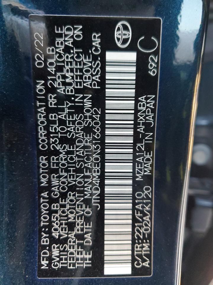 2022 TOYOTA COROLLA SE VIN:JTND4MBE0N3166042