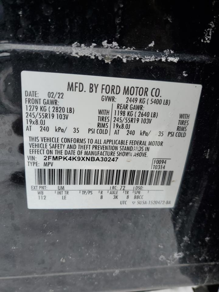 2022 FORD EDGE TITANIUM VIN:2FMPK4K9XNBA30247