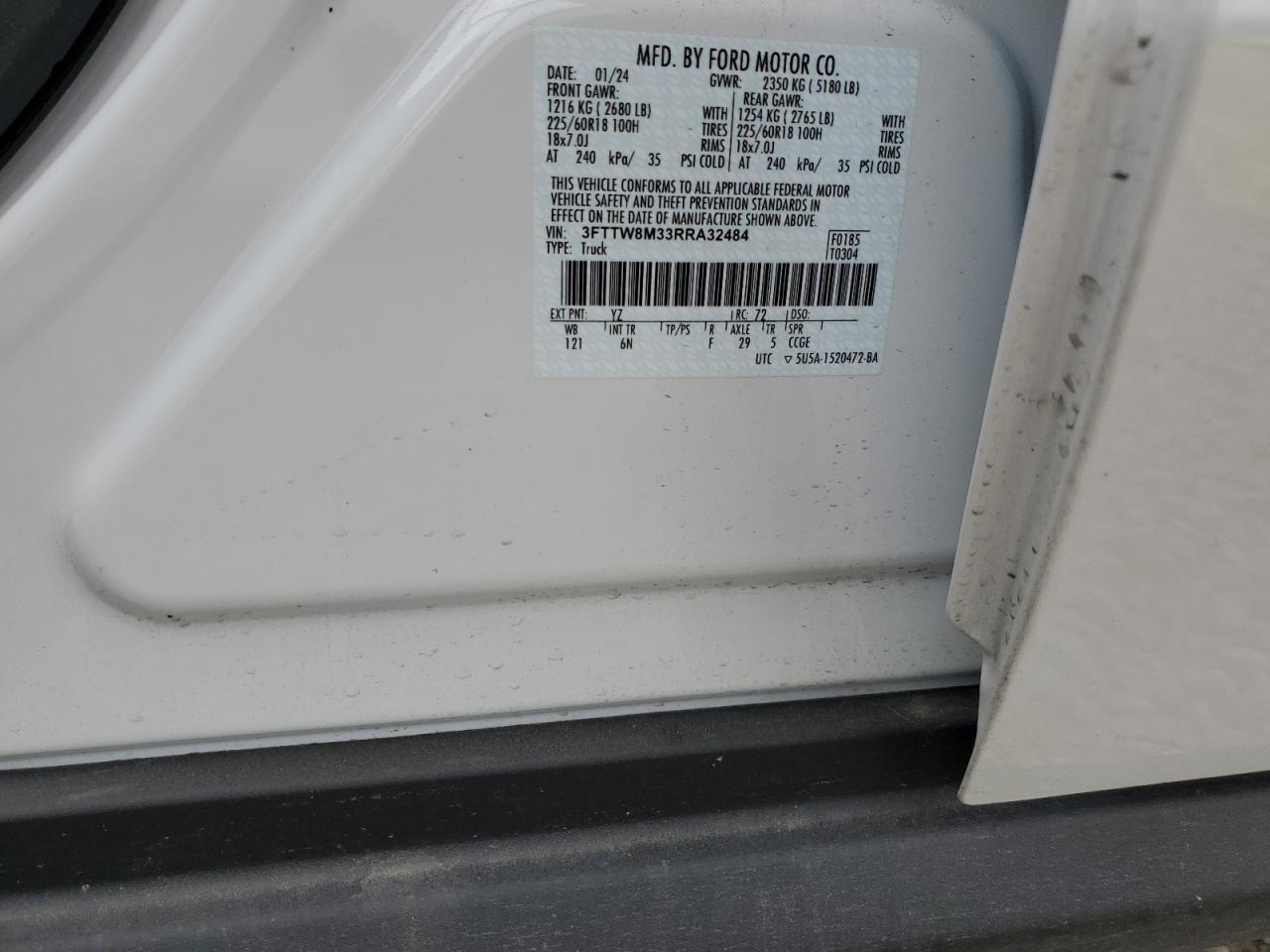 2024 FORD MAVERICK LARIAT VIN:3FTTW8M33RRA32484