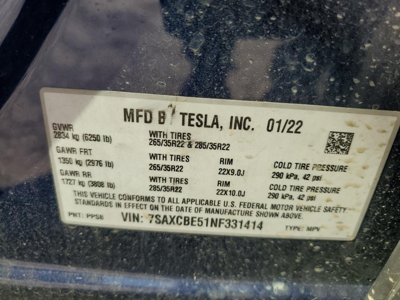 2022 TESLA MODEL X VIN:7SAXCBE51NF331414