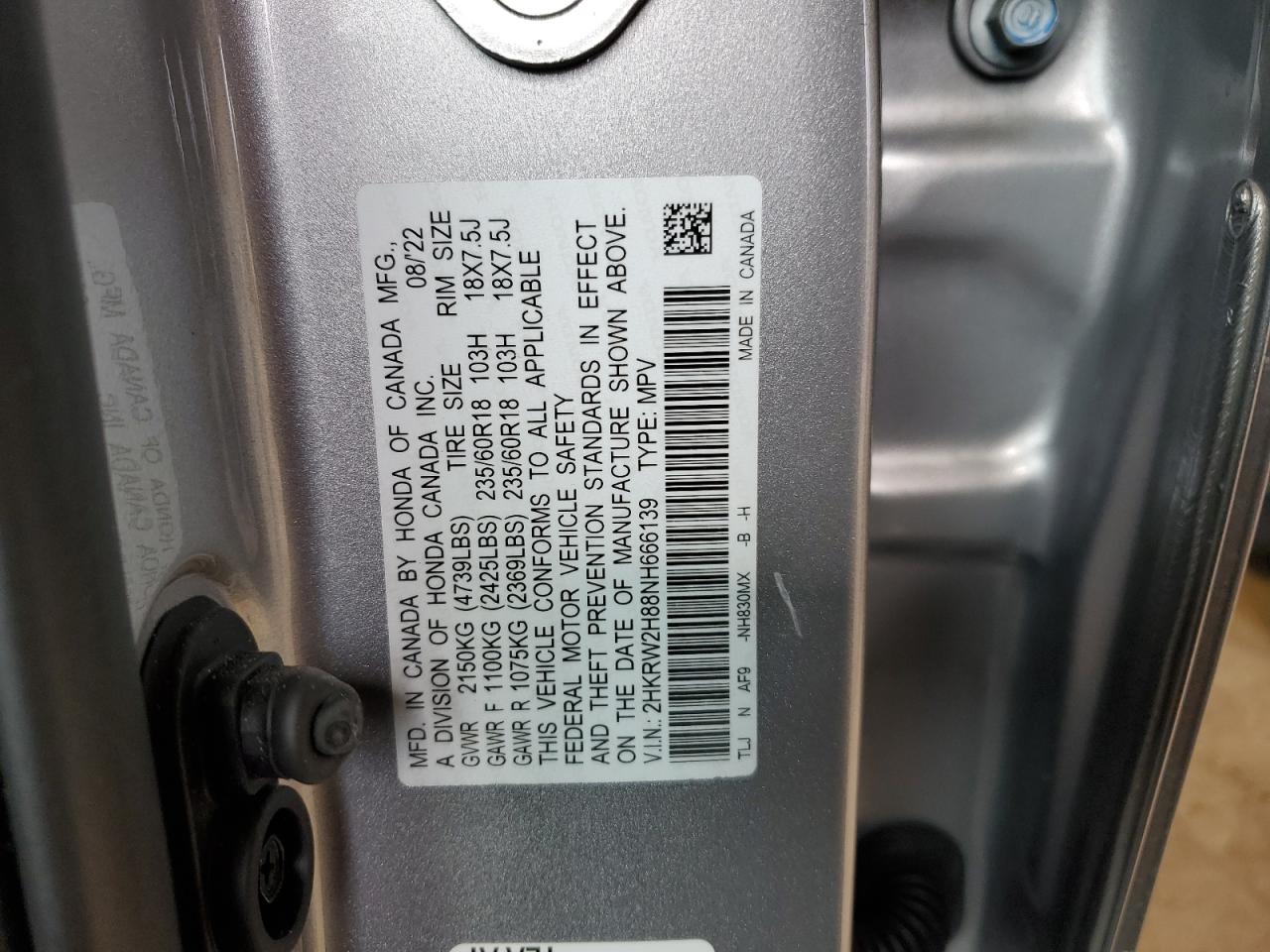 2022 HONDA CR-V EXL VIN:2HKRW2H88NH666139