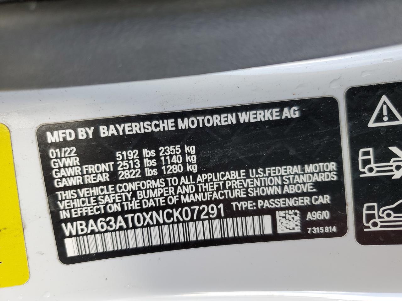 2022 BMW M440XI VIN:WBA63AT0XNCK07291