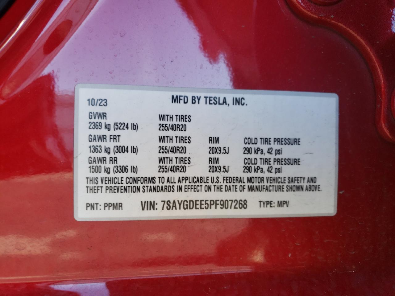 2023 TESLA MODEL Y VIN:7SAYGDEE5PF907268