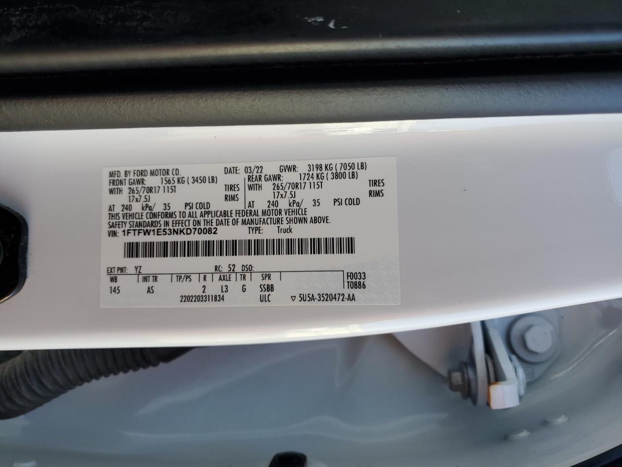 2022 FORD F150 SUPERCREW VIN:1FTFW1E53NKD70082