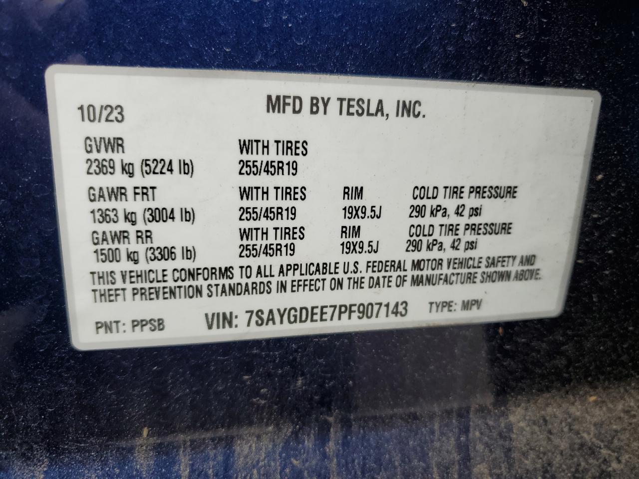 2023 TESLA MODEL Y VIN:7SAYGDEE7PF907143