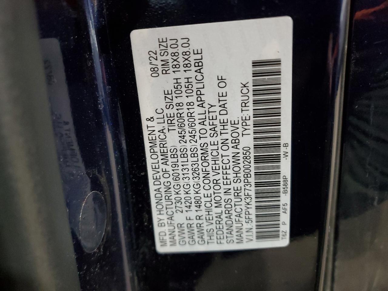 2023 HONDA RIDGELINE RTL-E VIN:5FPYK3F73PB002850