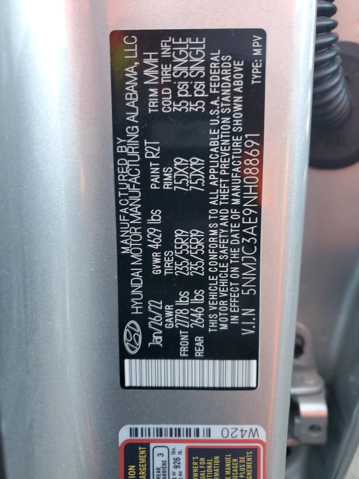 2022 HYUNDAI TUCSON SEL VIN:5NMJC3AE9NH088691