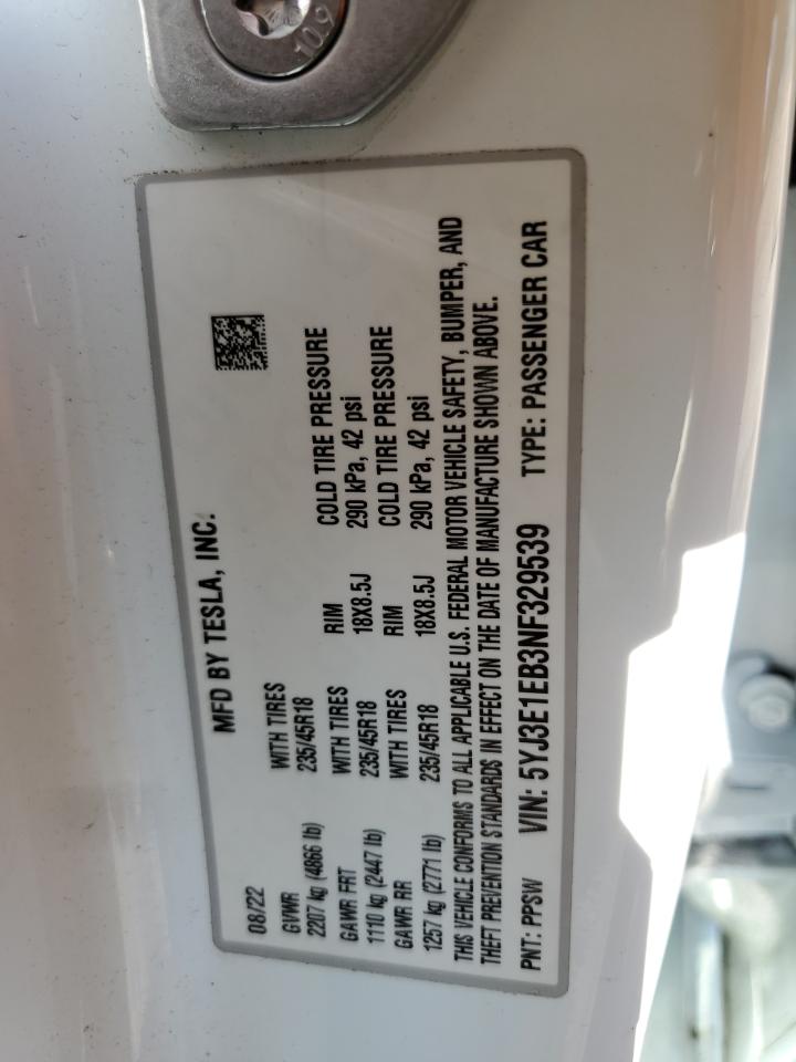 2022 TESLA MODEL 3 VIN:5YJ3E1EB3NF329539