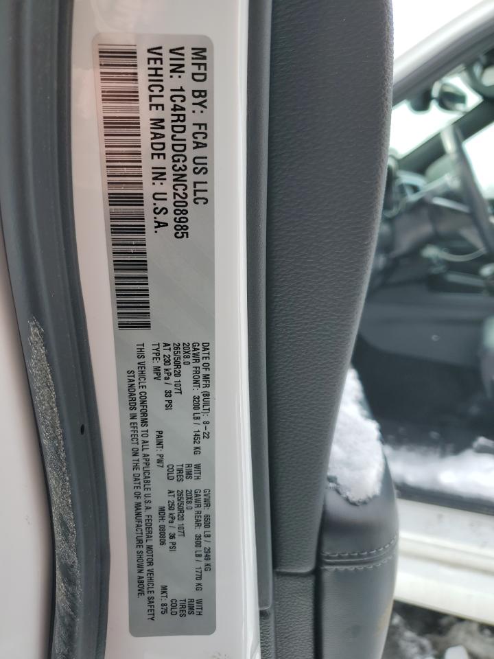 2022 DODGE DURANGO GT VIN:1C4RDJDG3NC208985