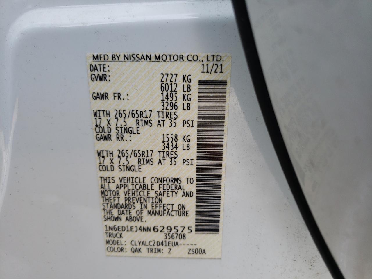 2022 NISSAN FRONTIER S VIN:1N6ED1EJ4NN629575