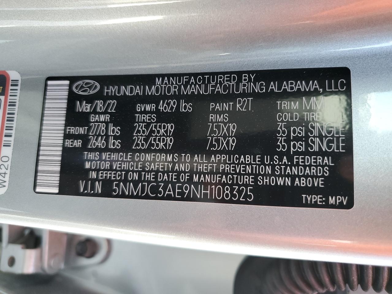 2022 HYUNDAI TUCSON SEL VIN:5NMJC3AE9NH108325