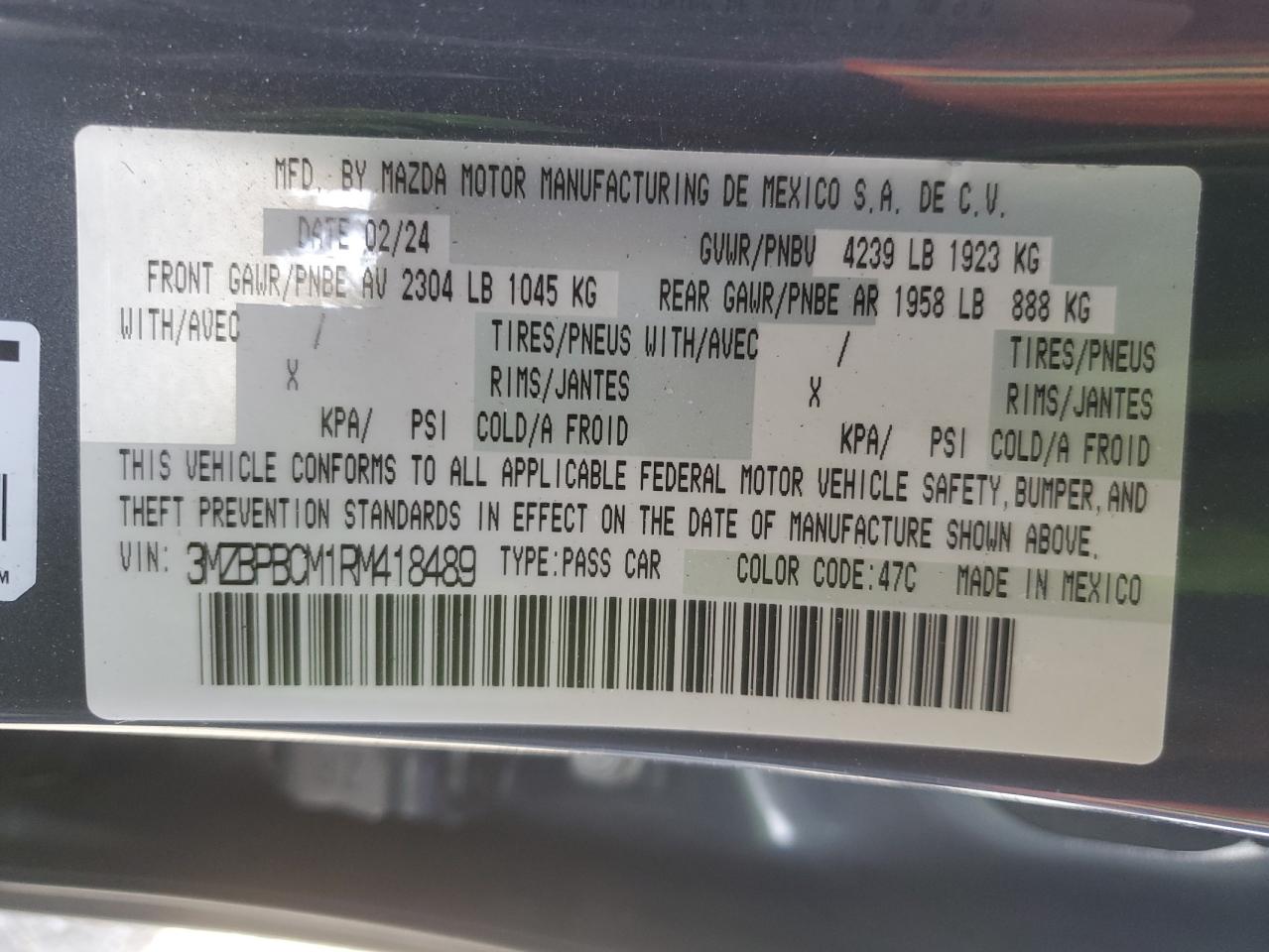 2024 MAZDA 3 PREFERRED VIN:3MZBPBCM1RM418489