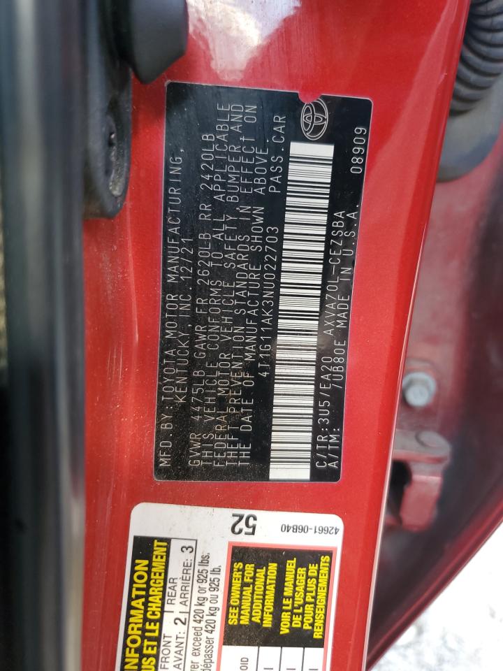 2022 TOYOTA CAMRY SE VIN:4T1G11AK3NU022703