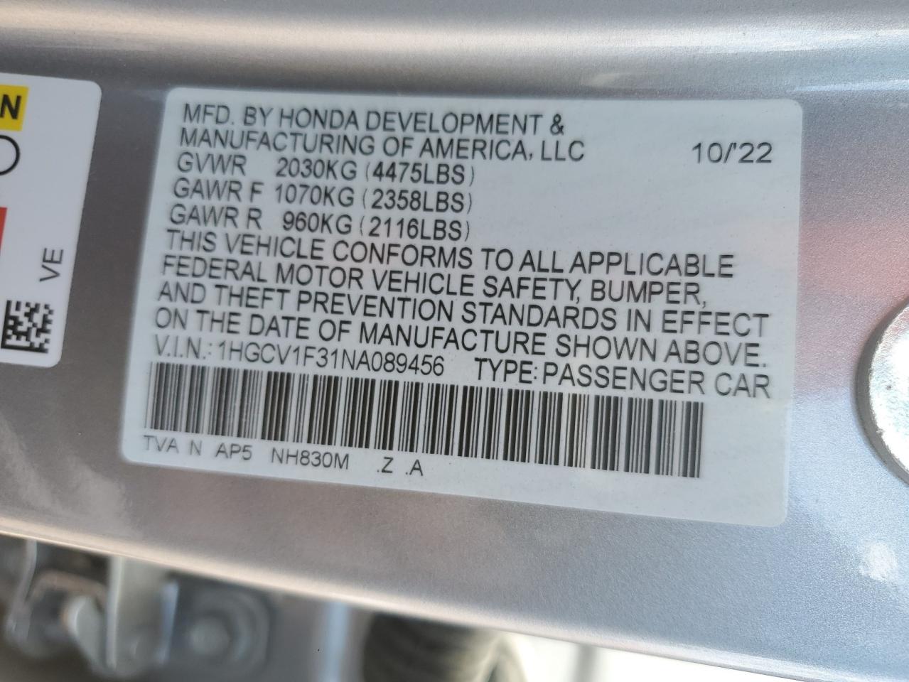 2022 HONDA ACCORD SPORT VIN:1HGCV1F31NA089456