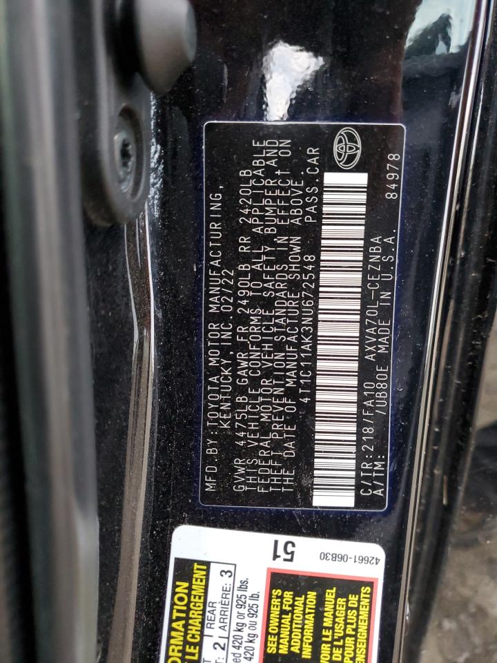 2022 TOYOTA CAMRY LE VIN:4T1C11AK3NU672548