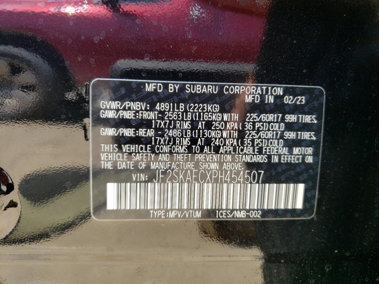 2023 SUBARU FORESTER PREMIUM VIN:JF2SKAECXPH454507