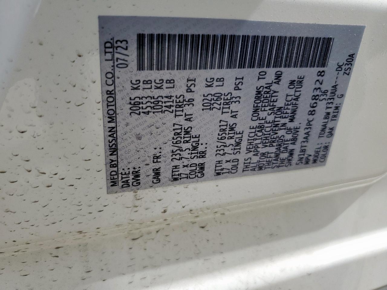 2023 NISSAN ROGUE S VIN:5N1BT3AA3PC868328