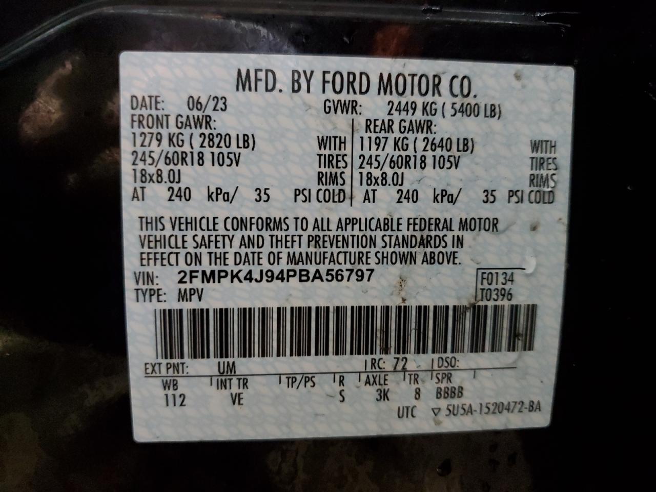 2023 FORD EDGE SEL VIN:2FMPK4J94PBA56797