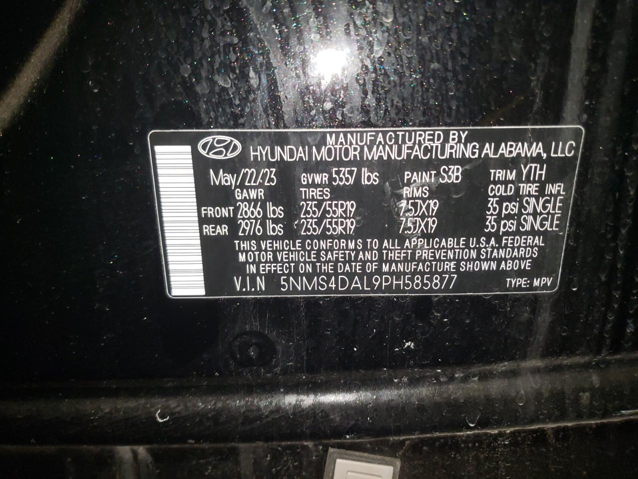 2023 HYUNDAI SANTA FE LIMITED VIN:5NMS4DAL9PH585877