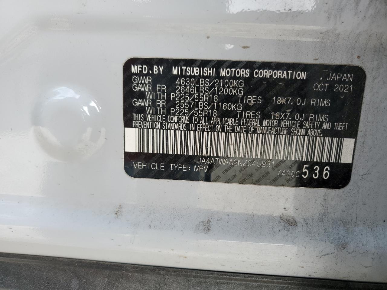 2022 MITSUBISHI ECLIPSE CROSS SE VIN:JA4ATWAA2NZ045931