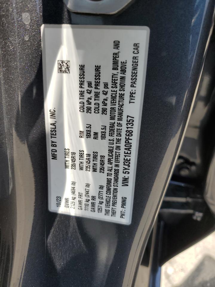 2023 TESLA MODEL 3 VIN:5YJ3E1EA0PF681357