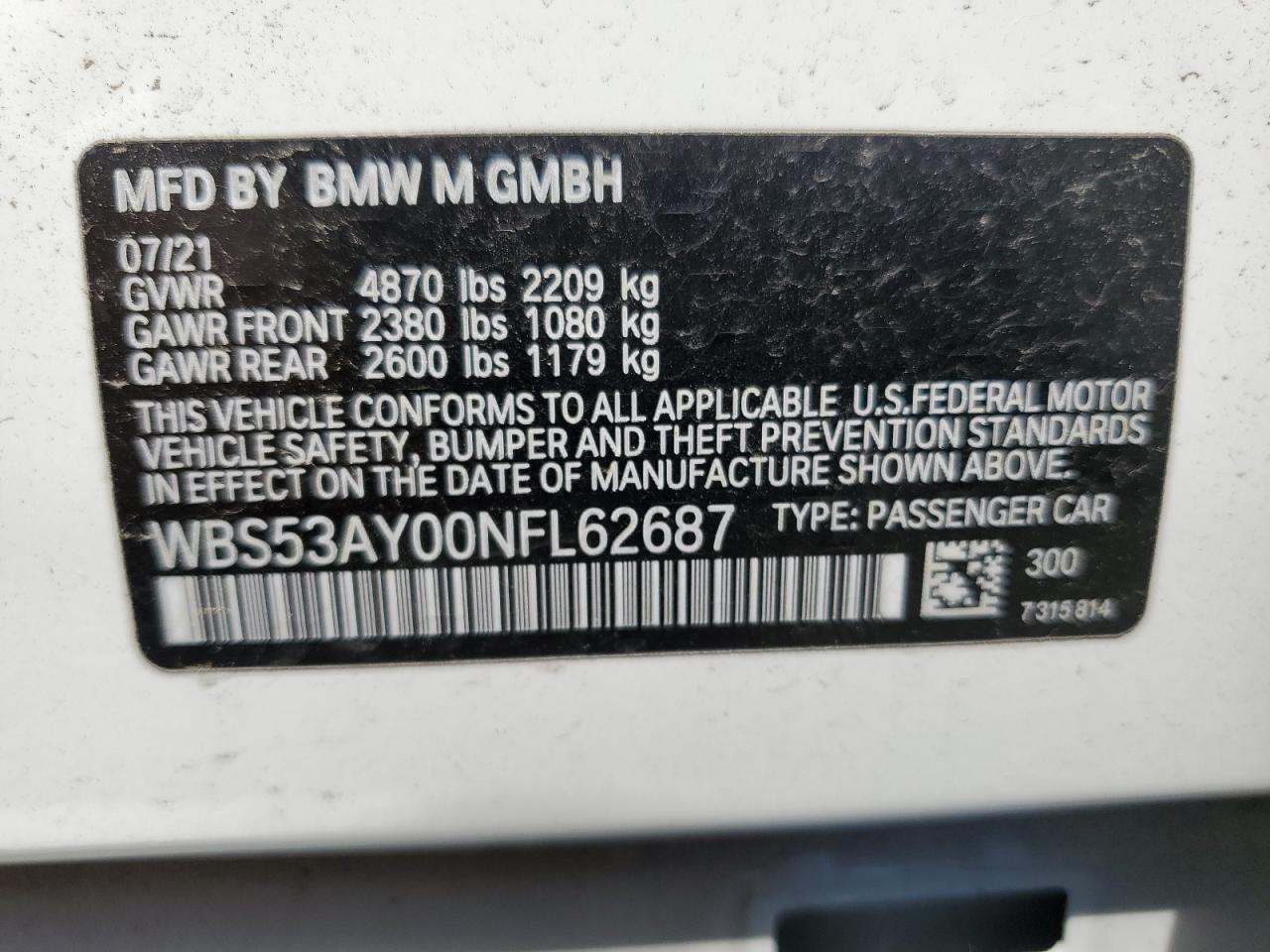 2022 BMW M3 VIN:WBS53AY00NFL62687