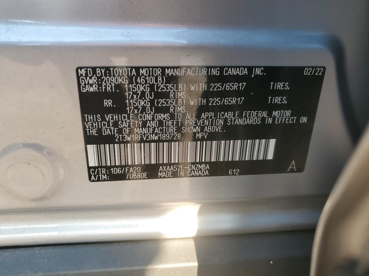 2022 TOYOTA RAV4 XLE VIN:2T3W1RFV3NW189728