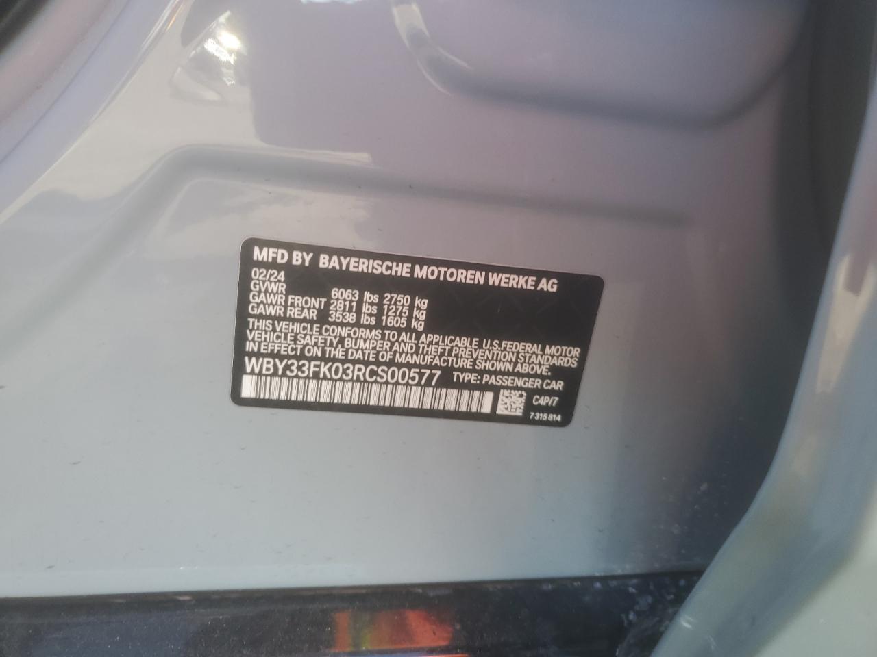 2024 BMW I5 EDRIVE 40 VIN:WBY33FK03RCS00577