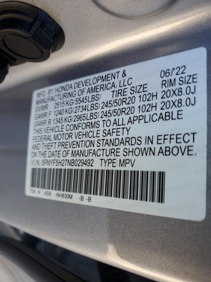 2022 HONDA PILOT SE VIN:5FNYF5H27NB029492