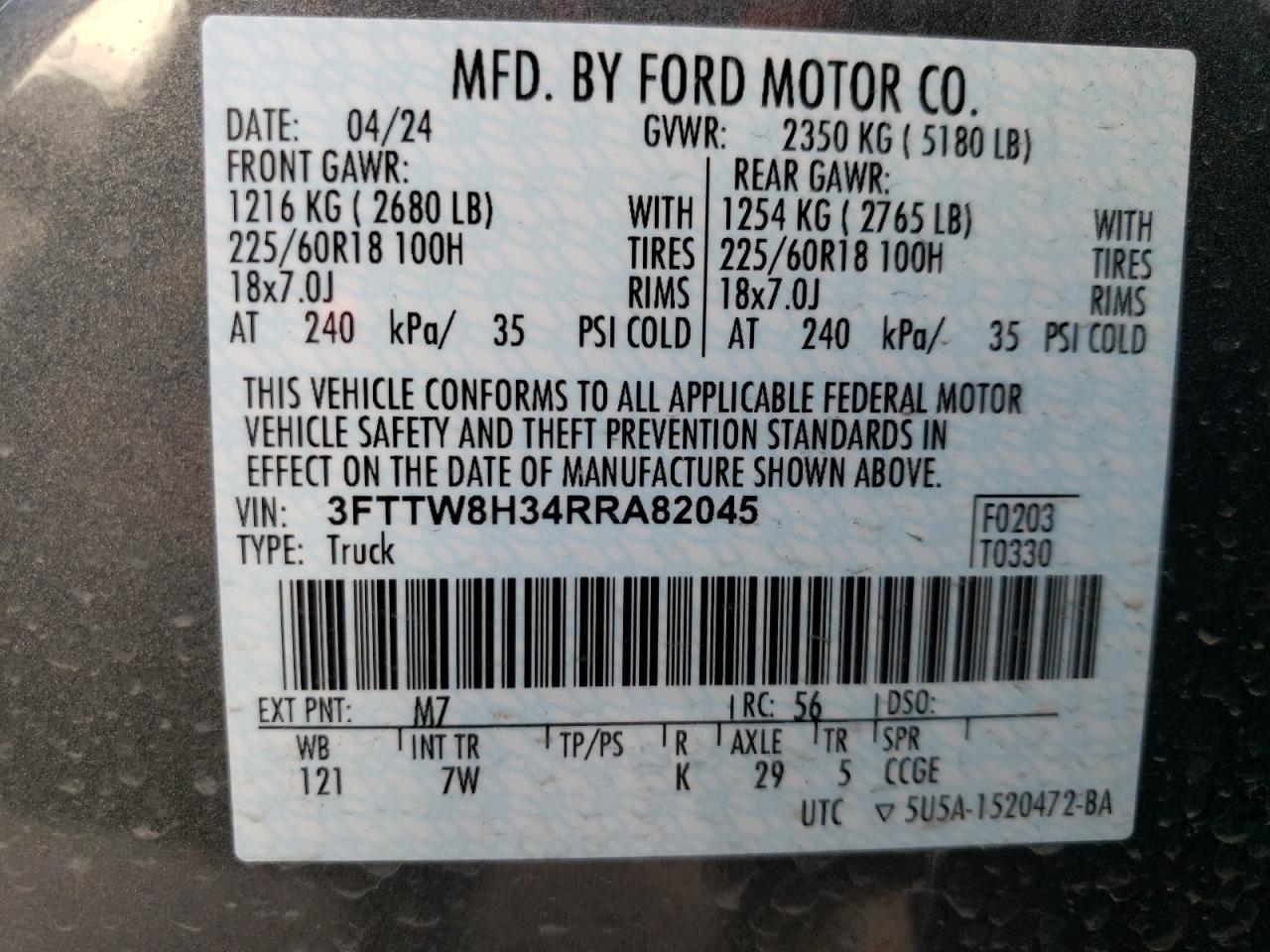 2024 FORD MAVERICK XLT VIN:3FTTW8H34RRA82045