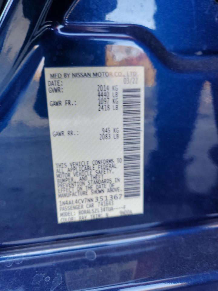 2022 NISSAN ALTIMA SR VIN:1N4AL4CV7NN351367