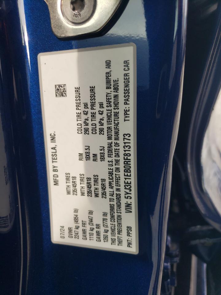 2024 TESLA MODEL 3 VIN:5YJ3E1EB0RF813173