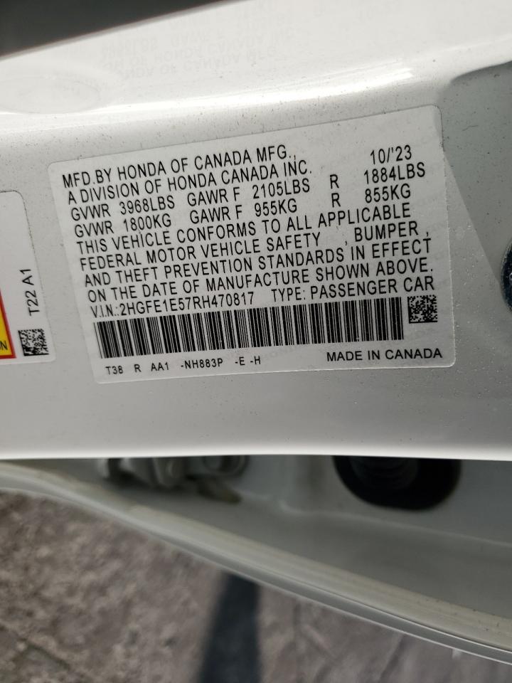 2024 HONDA CIVIC SI VIN:2HGFE1E57RH470817