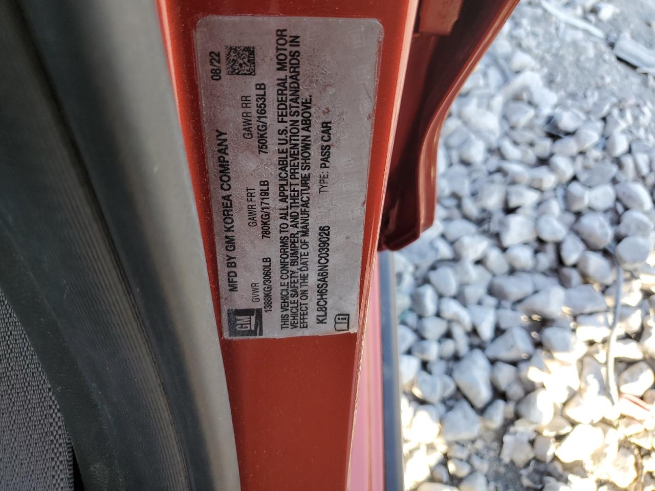 2022 CHEVROLET SPARK ACTIV VIN:KL8CH6SA6NC039026