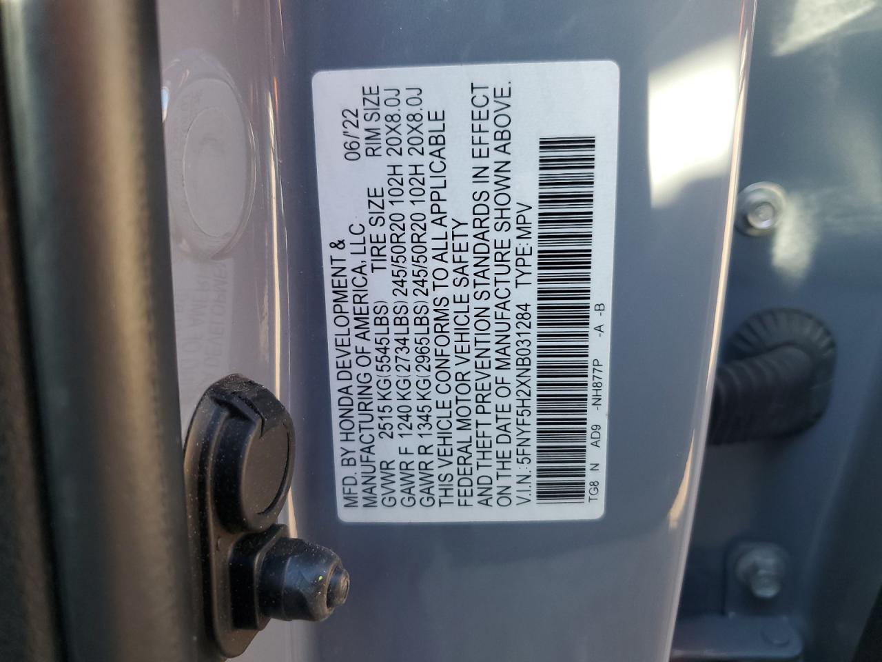 2022 HONDA PILOT SE VIN:5FNYF5H2XNB031284