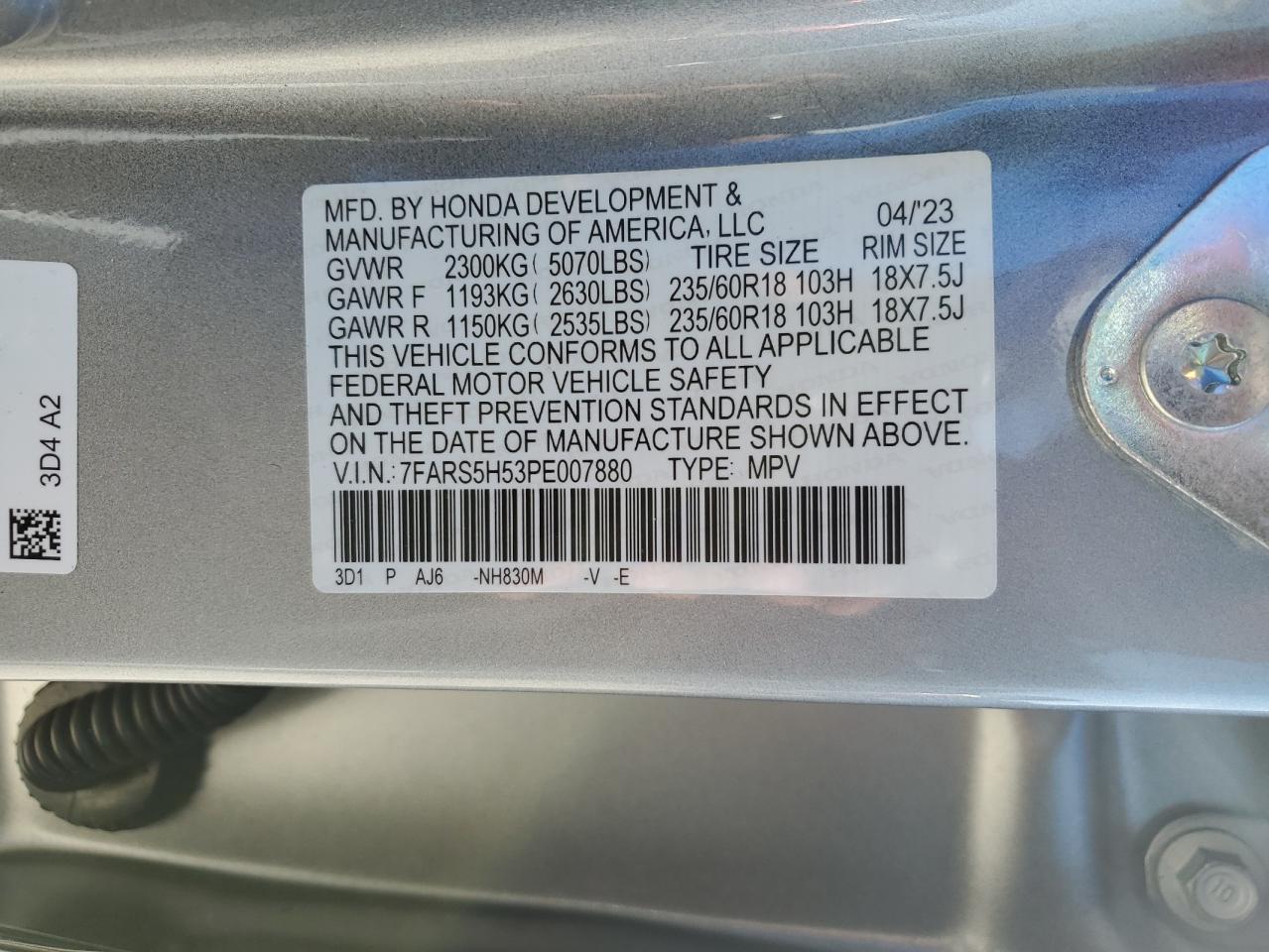 2023 HONDA CR-V SPORT VIN:7FARS5H53PE007880