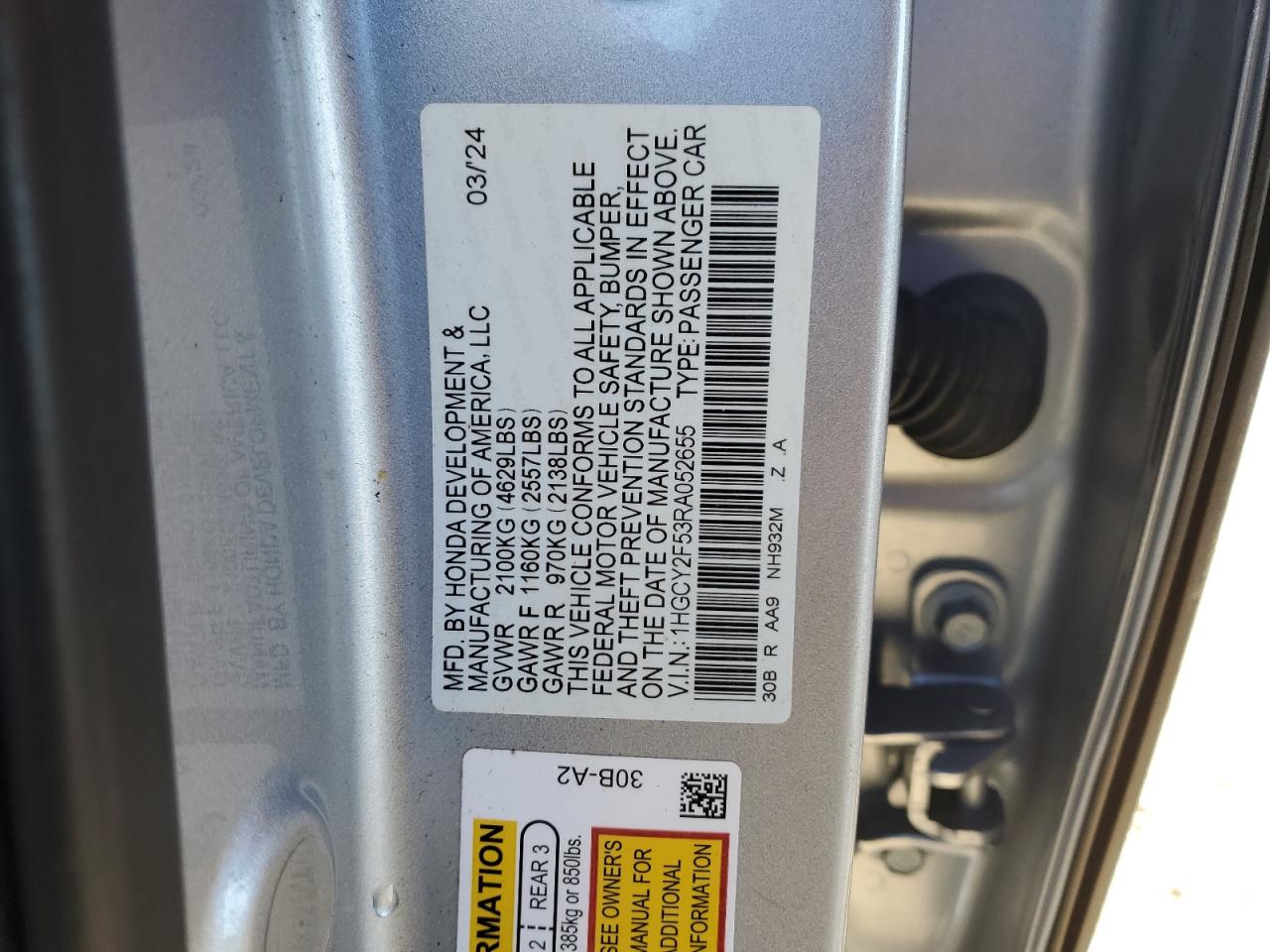 2024 HONDA ACCORD HYBRID SPORT VIN:1HGCY2F53RA052655