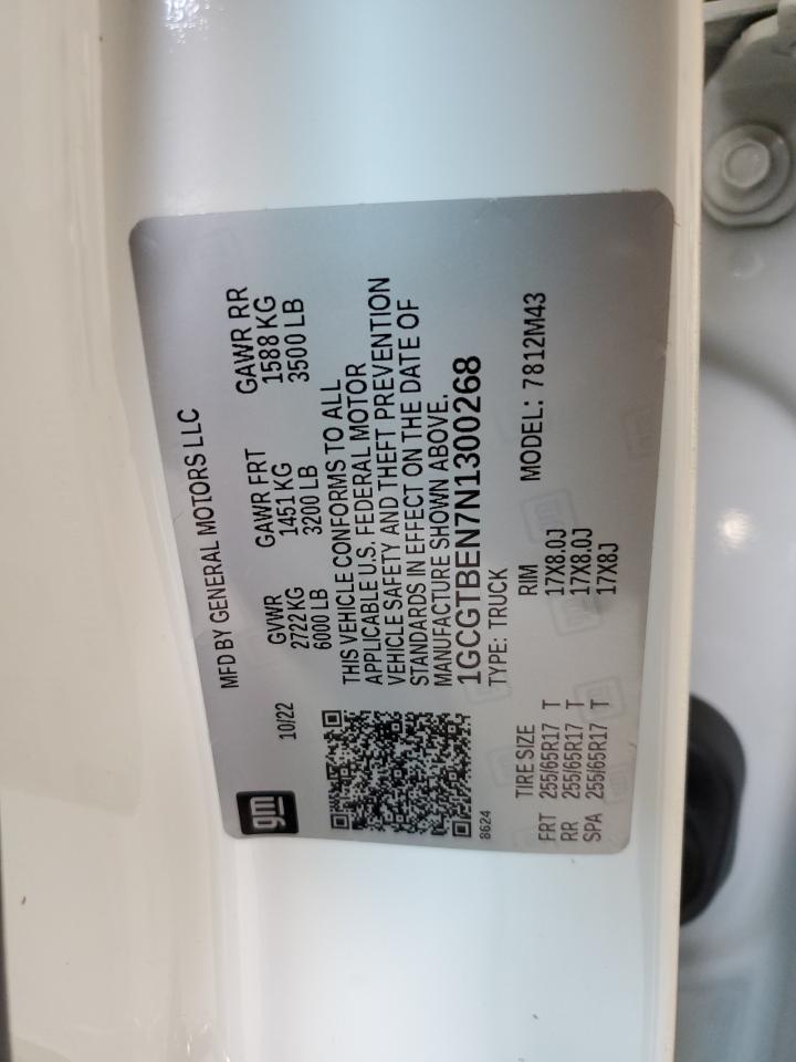 2022 CHEVROLET COLORADO VIN:1GCGTBEN7N1300268