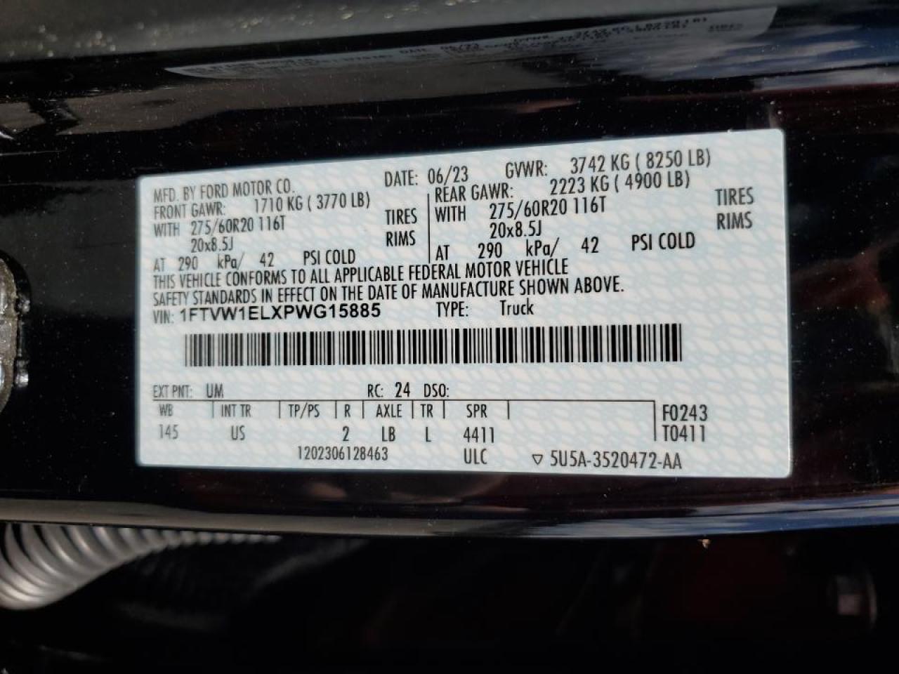 2023 FORD F150 LIGHTNING PRO VIN:1FTVW1ELXPWG15885