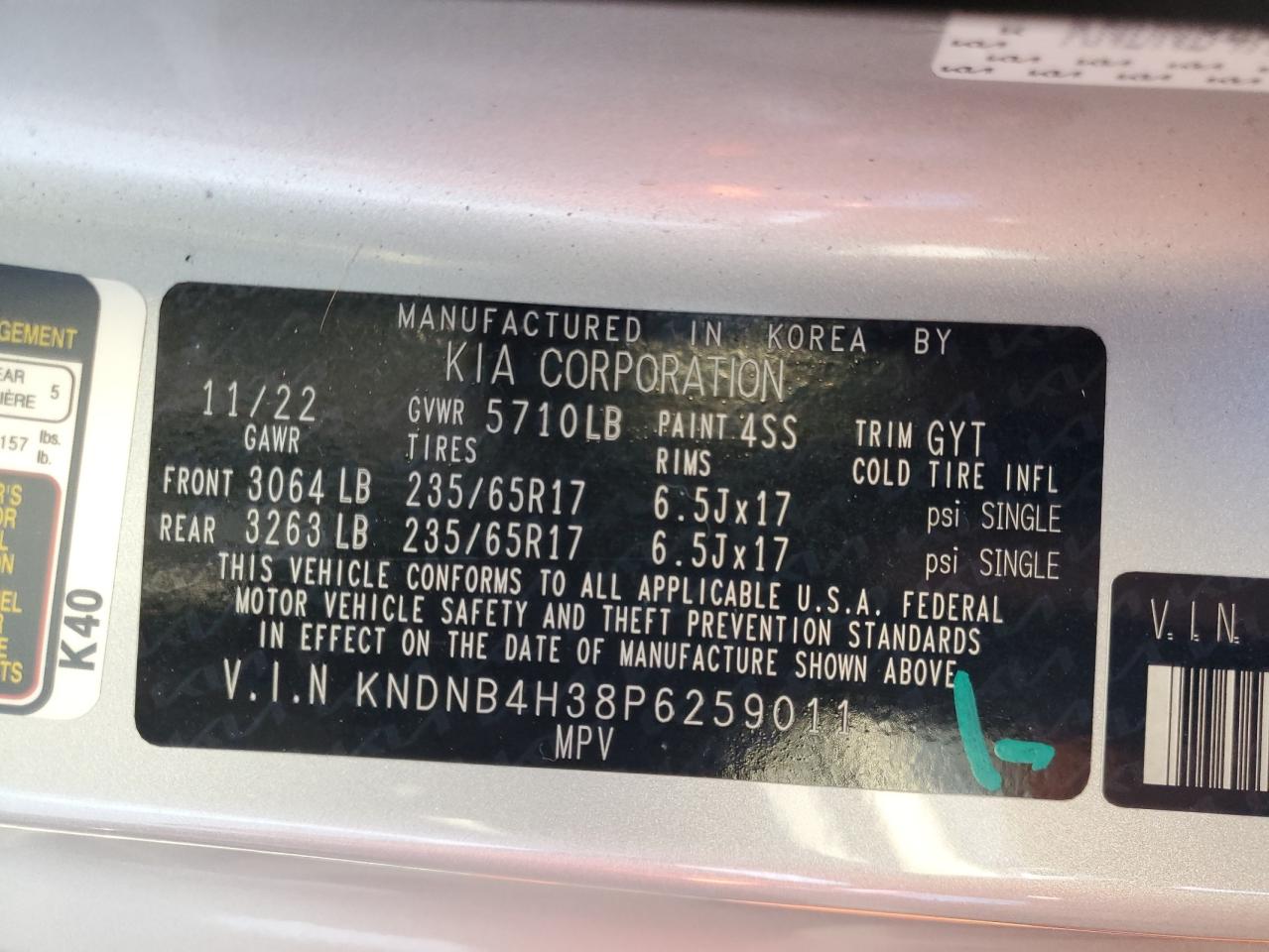 2023 KIA CARNIVAL LX VIN:KNDNB4H38P6259011