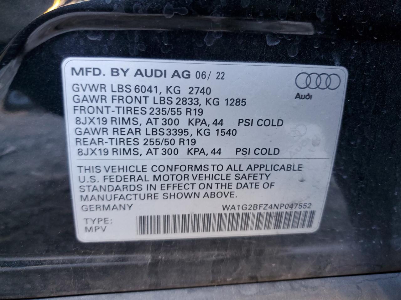 2022 AUDI Q4 E-TRON PREMIUM VIN:WA1G2BFZ4NP047552