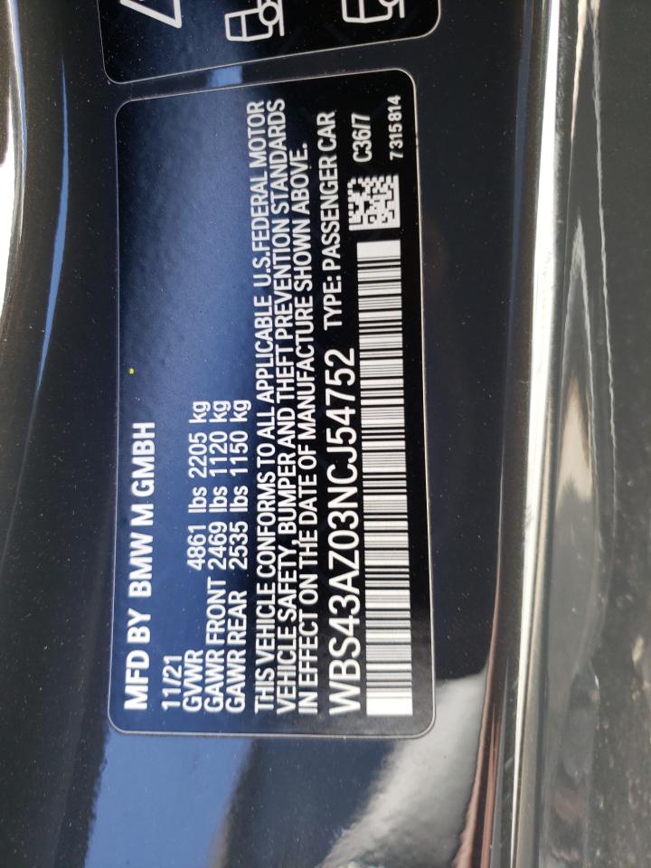 2022 BMW M4 COMPETITION VIN:WBS43AZ03NCJ54752