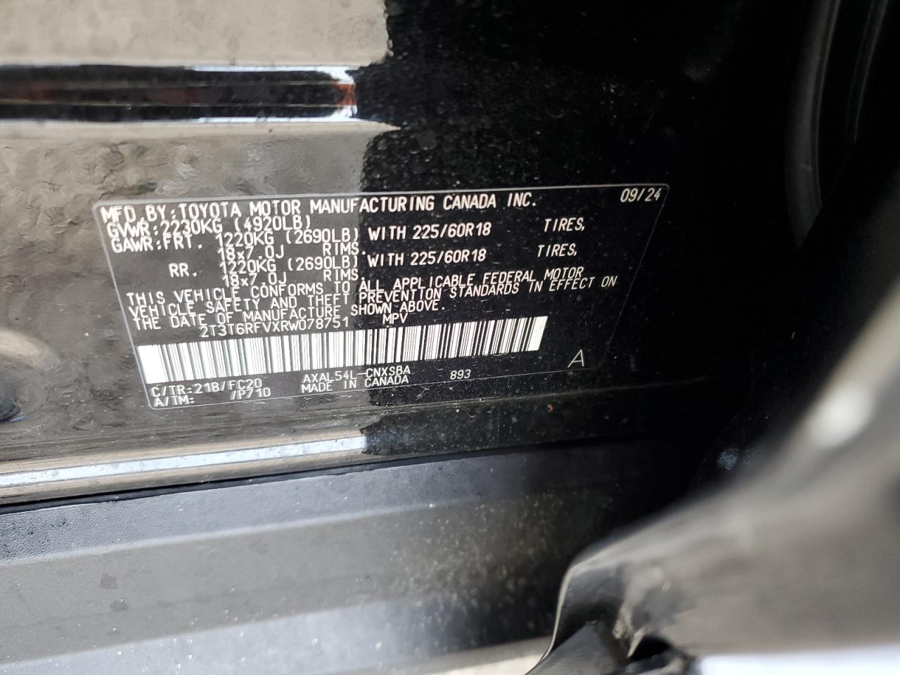 2024 TOYOTA RAV4 SE VIN:2T3T6RFVXRW078751
